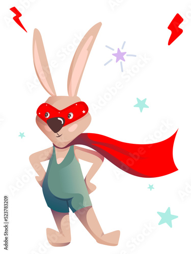 Vector cute hare in a green overalls swimsuit, red cloak, red mask is ready to save the world. Brave rabbit stands on its hind legs