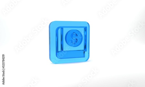 Blue Financial book icon isolated on grey background. Glass square button. 3d illustration 3D render