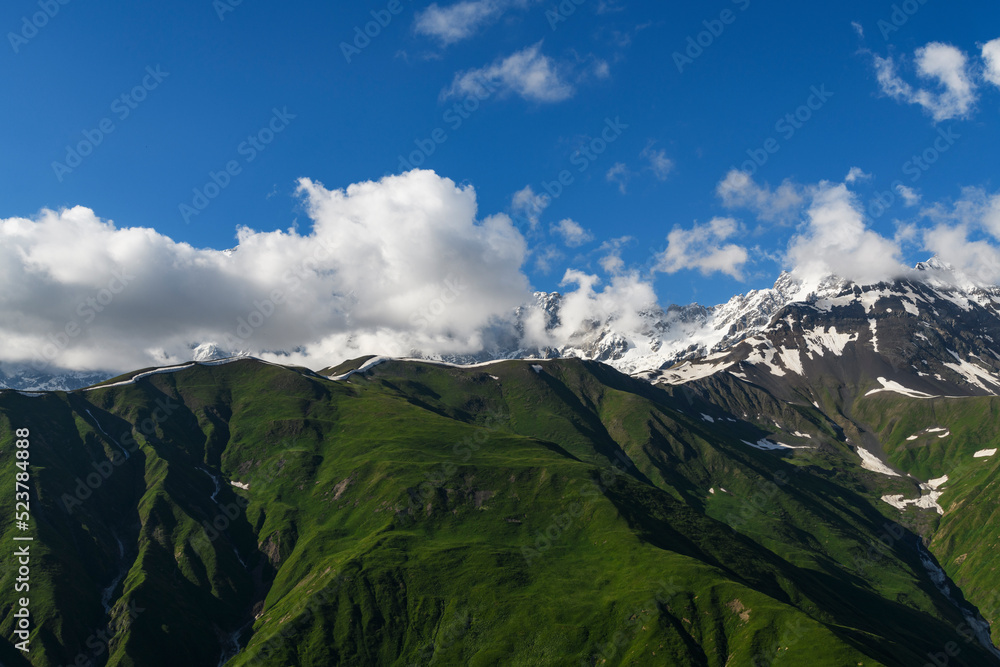 Mountains summer landscape. Panoramic view of the beautiful mountains and green meadows.