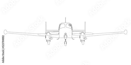 Outline of an airplane with propellers from black lines isolated on a white background. Front view. Vector illustration.