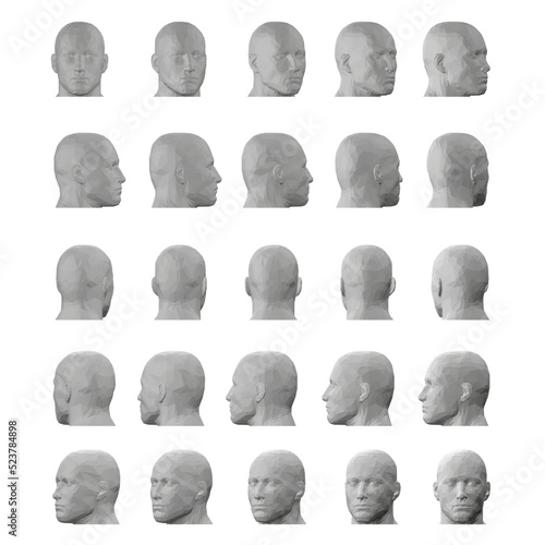 Set with male head model in different positions isolated on white background. The head turns fifteen degrees. 3D. Vector illustration.