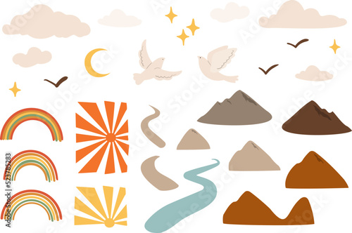 Groovy abstract landscape creator clipart, Set of colorful abstract shapes, mountains, clouds, rainbows, birds, mushrooms, flowers, butterflyes clip art, Vector illustration in flat style.