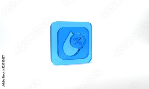 Blue Water drop percentage icon isolated on grey background. Humidity analysis. Glass square button. 3d illustration 3D render © Iryna