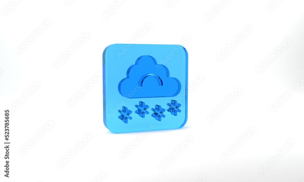 Blue Cloud with snow icon isolated on grey background. Cloud with snowflakes. Single weather icon. Snowing sign. Glass square button. 3d illustration 3D render