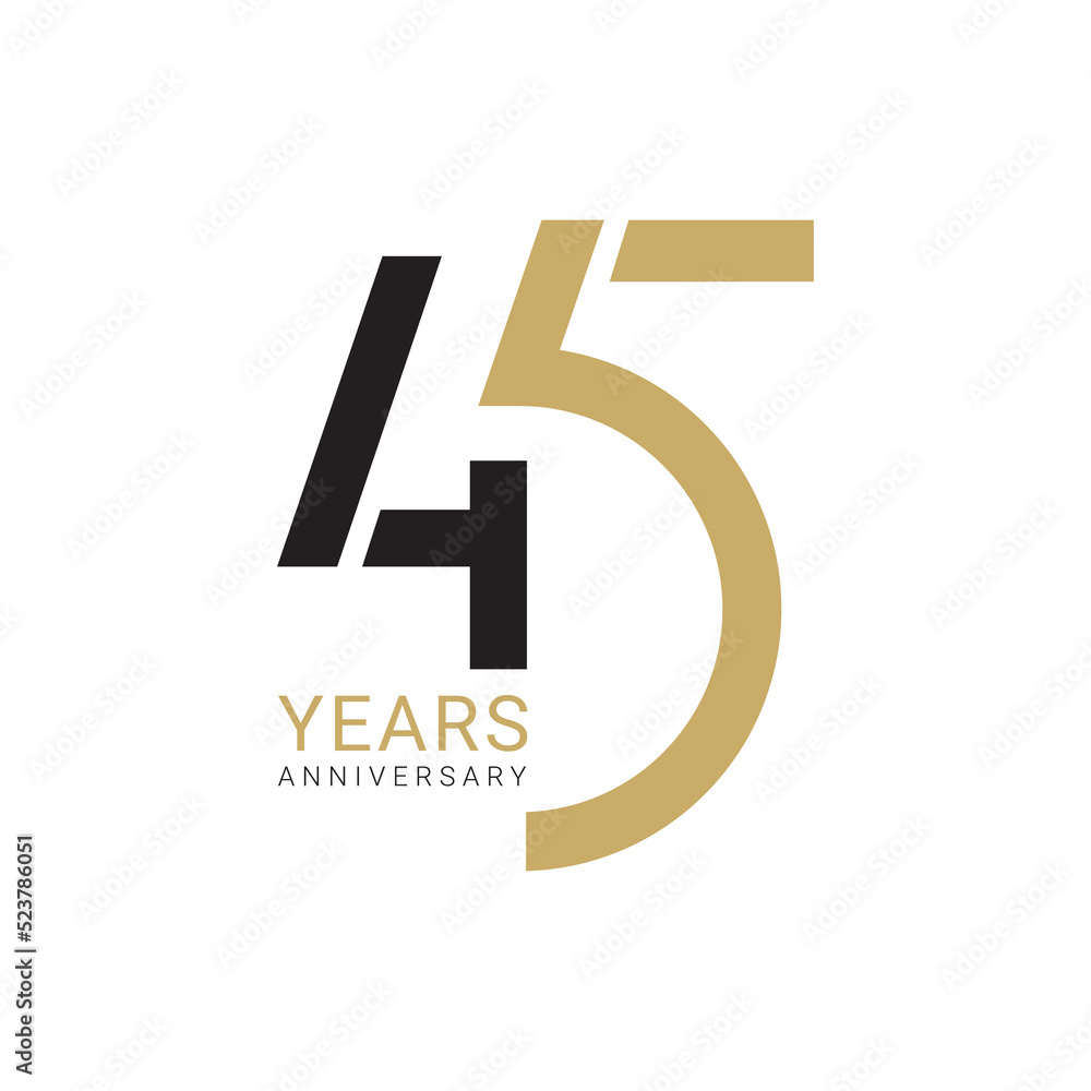 45th, 45 Years Anniversary Logo, number, Golden Color, Vector Template