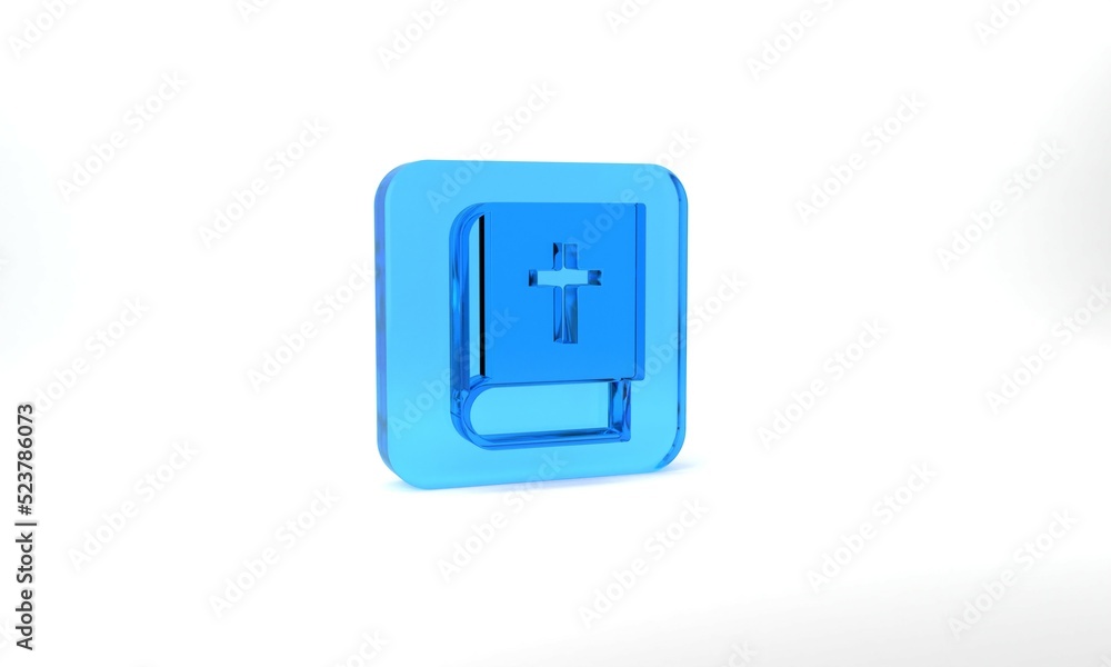 Blue Holy bible book icon isolated on grey background. Glass square button. 3d illustration 3D render Blue Holy bible book icon isolated on grey background. Glass square button. 3d illustration 3D render