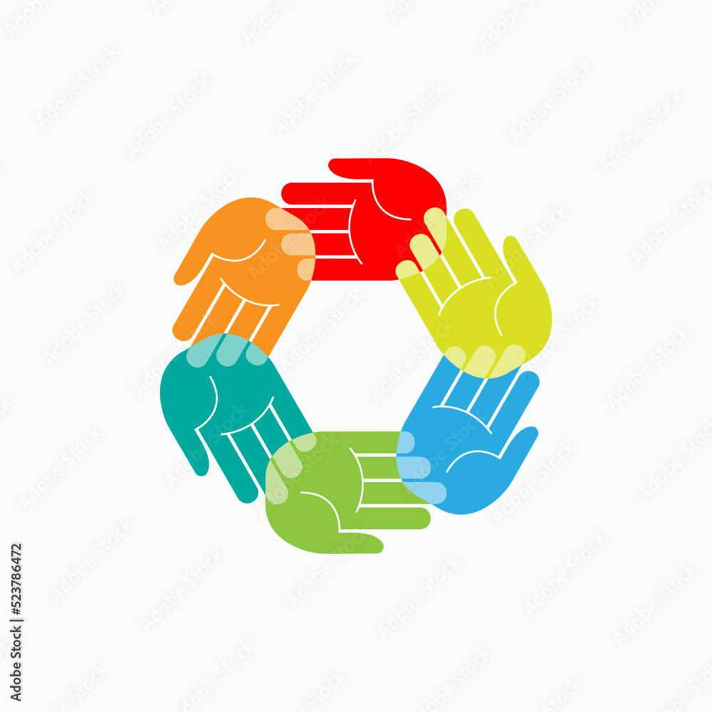 Togetherness Icon with Colorful Hands. Cooperation, Friendship Symbol - Vector