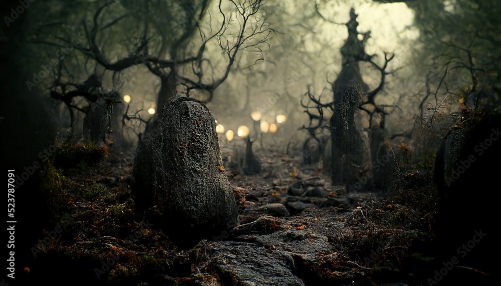 Mysterious dark forest. Stone, silhouettes of trees. Scary dark forest at  night. 3d render Stock Illustration