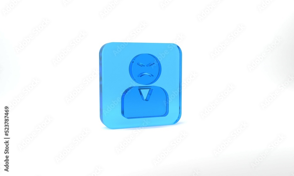 Blue Angry customer icon isolated on grey background. Glass square button. 3d illustration 3D render Blue Angry customer icon isolated on grey background. Glass square button. 3d illustration 3D render