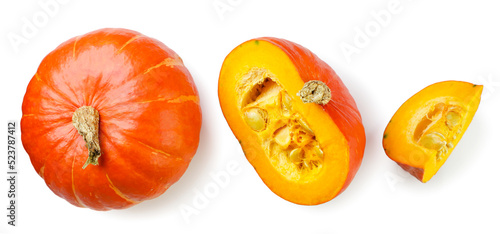 Set of pumpkin and slices on a white background. Top view