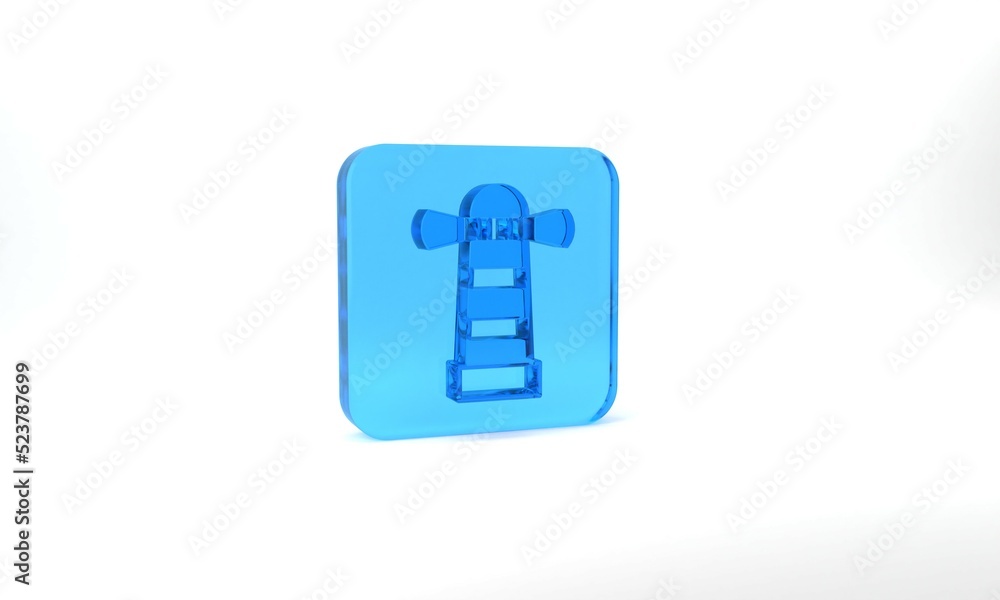 Blue Lighthouse icon isolated on grey background. Glass square button. 3d illustration 3D render Blue Lighthouse icon isolated on grey background. Glass square button. 3d illustration 3D render