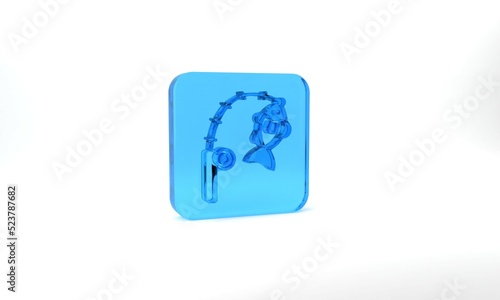 Blue Fishing rod and fish icon isolated on grey background. Fishing equipment and fish farming topics. Glass square button. 3d illustration 3D render