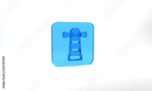 Blue Lighthouse icon isolated on grey background. Glass square button. 3d illustration 3D render