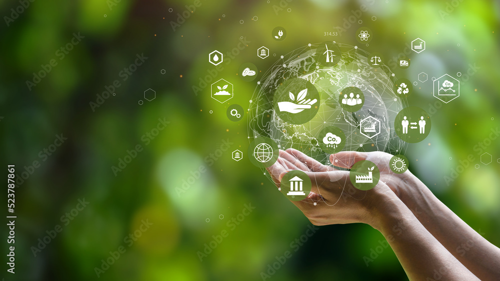 ESG icon concept. Environment, society and governance. Energy of natural gas sustainable and ethical business on network connection on green background. - obrazy, fototapety, plakaty 