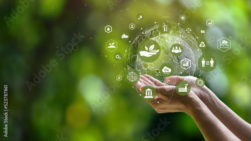 ESG icon concept. Environment, society and governance. Energy of natural gas sustainable and ethical business on network connection on green background. photo