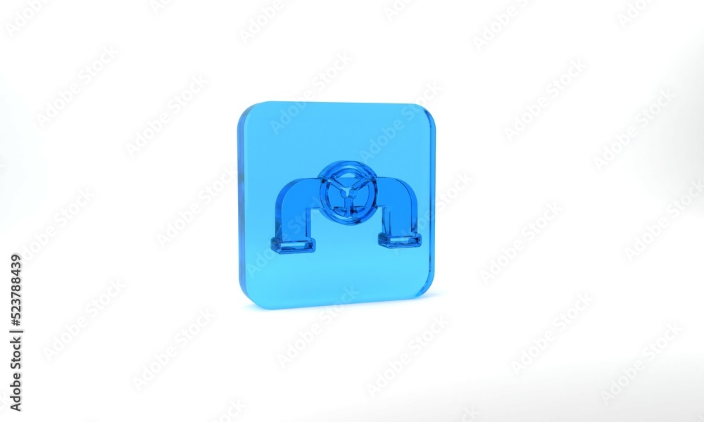 Blue Oil pipe with valve icon isolated on grey background. Glass square button. 3d illustration 3D render Blue Oil pipe with valve icon isolated on grey background. Glass square button. 3d illustration 3D render