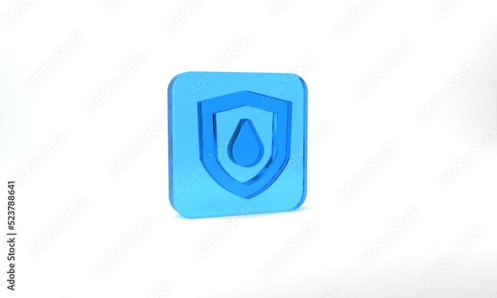Blue Oil drop on shield icon isolated on grey background. Glass square button. 3d illustration 3D render Blue Oil drop on shield icon isolated on grey background. Glass square button. 3d illustration 3D render