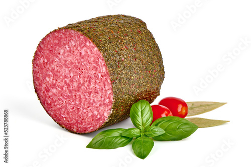 Traditional smoked salami sausage with spices Isolated on white background.