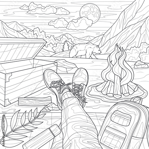 A man looks at the mountains and a bear.Camping.Coloring book antistress for children and adults. Illustration isolated on white background.Zen-tangle style. Hand draw