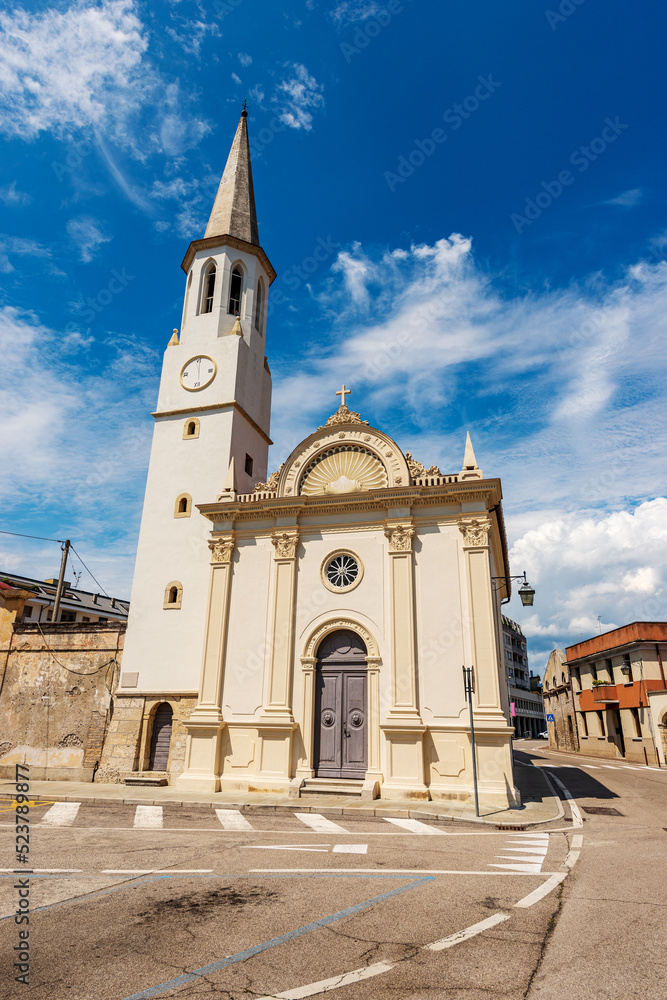 Facade of the small Church of San Rocco with the bell tower, 1536. Spilimbergo town, Pordenone province, Friuli-Venezia Giulia, Italy, southern Europe. 