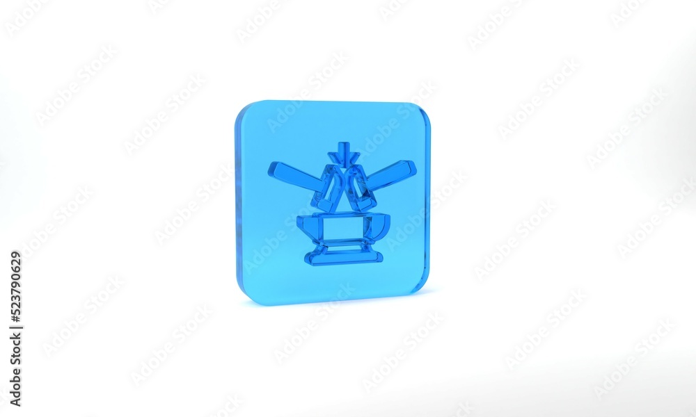 Blue Blacksmith anvil tool and hammer icon isolated on grey background. Metal forging. Forge tool. Glass square button. 3d illustration 3D render