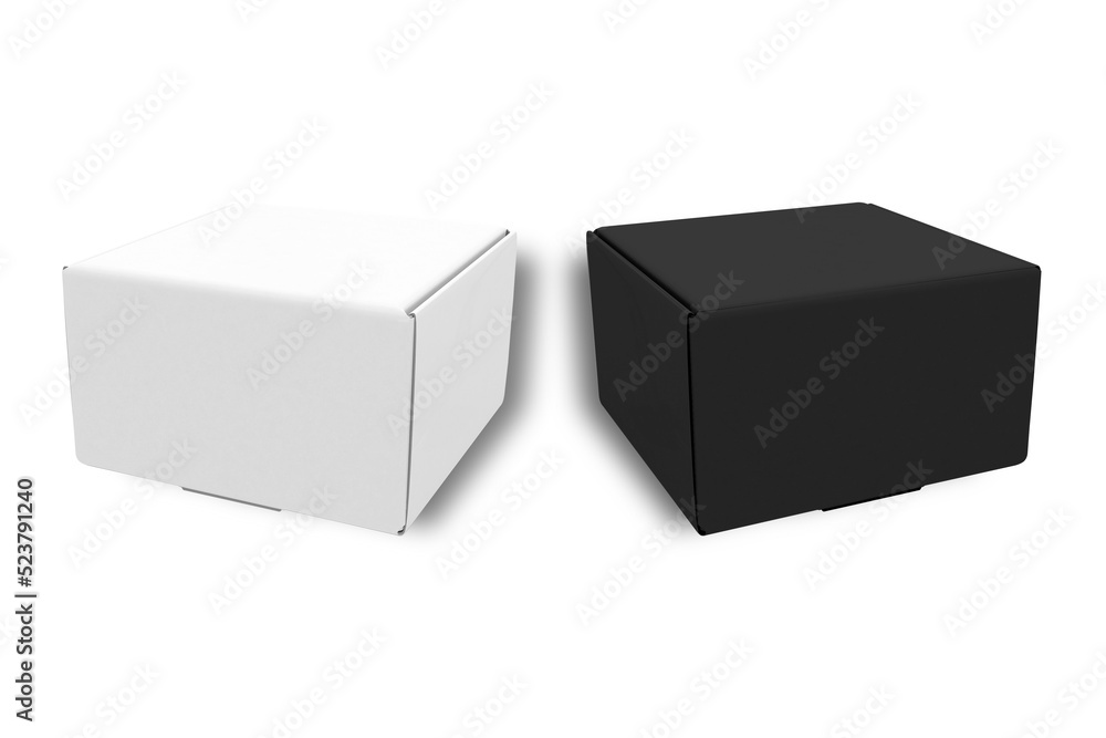Blank black and white cardboard boxes with clipping path mockup isolated on white background. 3d rendering. Blank black and white cardboard boxes with clipping path mockup isolated on white background. 3d rendering.