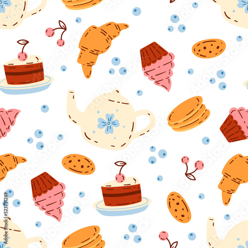 Tea time cute seamless vector pattern. Funny food print with teacups, cakes and croissants hand drawn in doodle style for menu, kitchen textile, packaging design