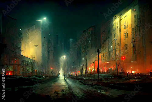 night dirty dystopian city ghetto street with yellow multi-storery condominium apartment buildings , neural network generated art.