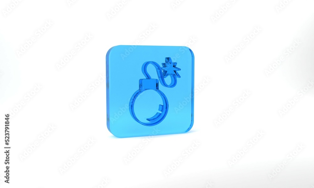 Blue Bomb ready to explode icon isolated on grey background. Glass square button. 3d illustration 3D render Blue Bomb ready to explode icon isolated on grey background. Glass square button. 3d illustration 3D render