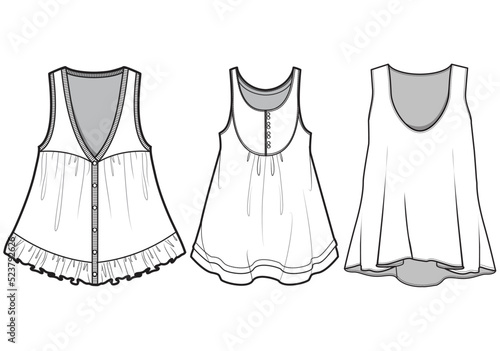 Flared Hem Tank Top Blouse Set, Maternity Sleeveless Blouse Set, Camisole Top Set  Fashion Illustration, Vector, CAD, Technical Drawing, Flat Drawing, Template, Mockup.