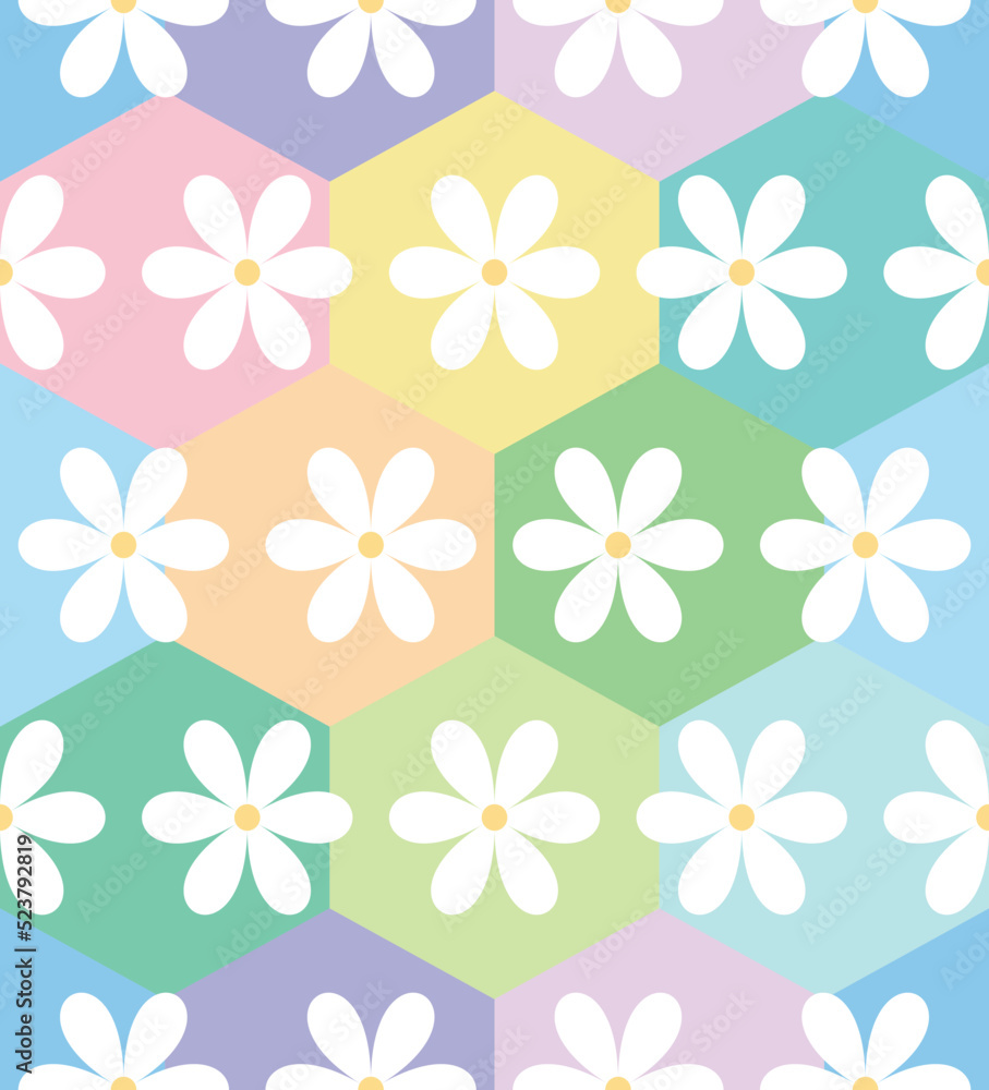 Abstract Geometric Hexagons Retro Daisy Flowers Pastel Colors Seamless Pattern Minimal Sweet Concept Perfect for Allover Fabric Print or Wrapping Paper 