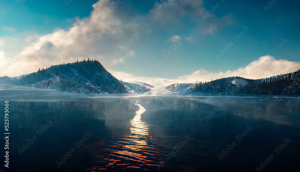 Frozen winter lake, ice on the river, lake in the winter forest. Winter landscape, ice, frost, snow. 3D illustration.