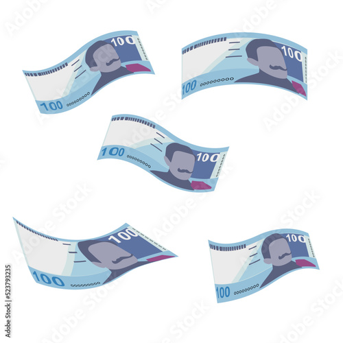 Peruvian New Sol Vector Illustration. Peru money set bundle banknotes. Falling, flying money 100 PEN. Flat style. Isolated on white background. Simple minimal design.