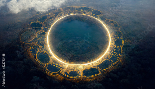 Giant floating circular ancient stone sacred structure. Abstract fantasy landscape sea, ocean. Passage to another world, abstract door, neon. Unreal world. 3D illustration.