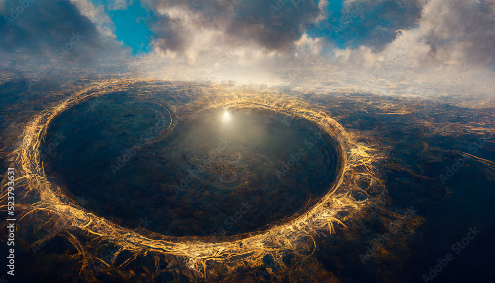Giant floating circular ancient stone sacred structure. Abstract