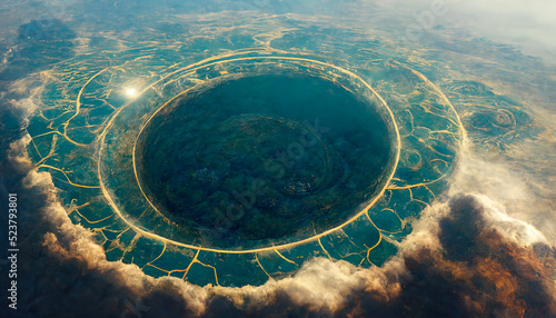 Giant floating circular ancient stone sacred structure. Abstract fantasy landscape sea, ocean. Passage to another world, abstract door, neon. Unreal world. 3D illustration.