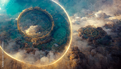 Giant floating circular ancient stone sacred structure. Abstract fantasy landscape sea, ocean. Passage to another world, abstract door, neon. Unreal world. 3D illustration.