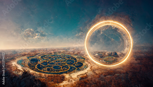 Giant floating circular ancient stone sacred structure. Abstract fantasy landscape sea, ocean. Passage to another world, abstract door, neon. Unreal world. 3D illustration.