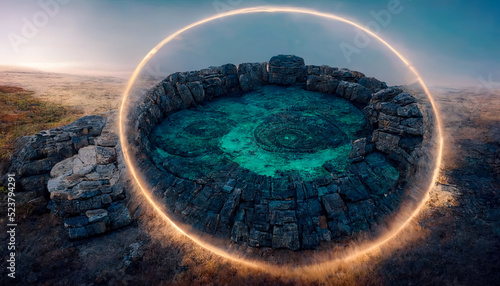 Giant floating circular ancient stone sacred structure. Abstract fantasy landscape sea, ocean. Passage to another world, abstract door, neon. Unreal world. 3D illustration.