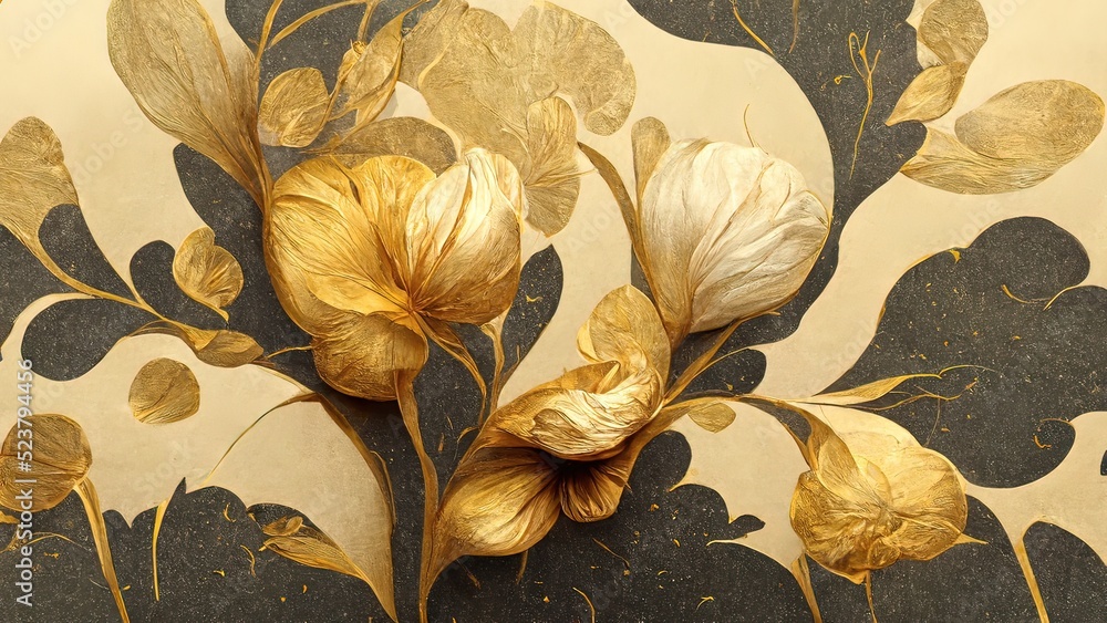 Golden floral background, gold flowers, 4k abstract vintage flower