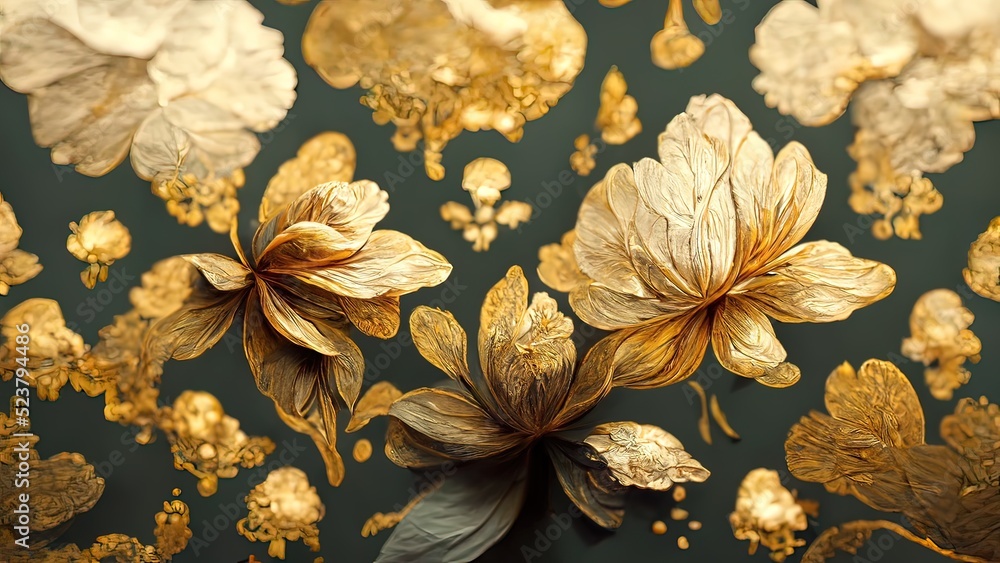 Golden floral background, gold flowers, 4k abstract vintage flower design,  mural art, gold luxury, luxurious nature, 3D illustration, 3D render. Stock  Illustration
