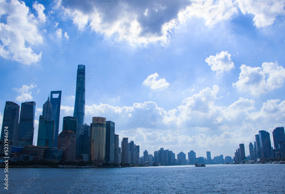 city,metroplis, shanghai, pudong, lujiazui, landmark,buildings,architecture, river, Huangpu river, cloud, sky, skyline