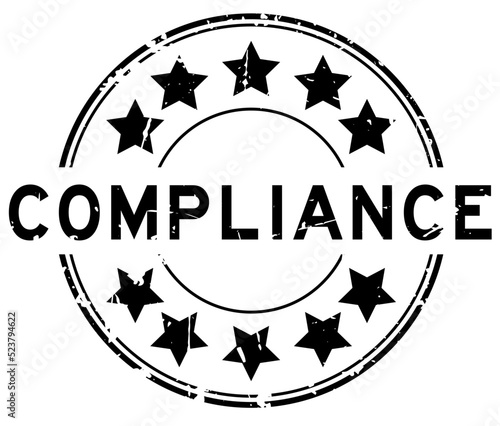 Grunge black compliance word with star icon round rubber seal stamp on white background