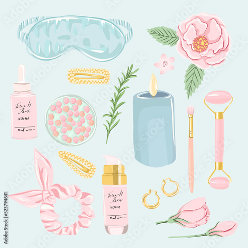Self-care, cosmetic and beauty element set. Skincare products vector illustration.