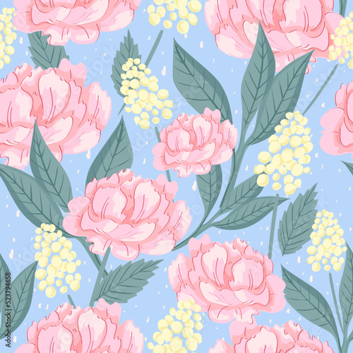 Seamless pattern with roses and peonies. Floral background for fabric, wrapping, textile, wallpaper, apparel. Vector illustration.