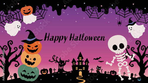 ハロウィン カボチャとオバケと骸骨のフレーム背景素材