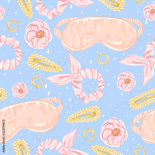 Seamless pattern with fashion accessories and flowers. Background for teenage girls or women. Vector illustration.