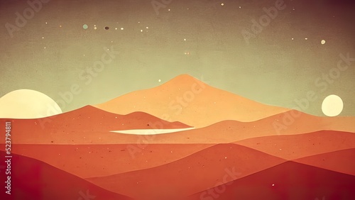 Flat minimal sci-fi landscape. 4K wallpaper of mars, with the sun and other planet in the horizon. Minimalistic background with orange hills and gradient sky. Moon, planets and stars. Science-fiction.