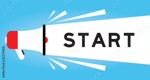 Color megphone icon with word start in white banner on blue background