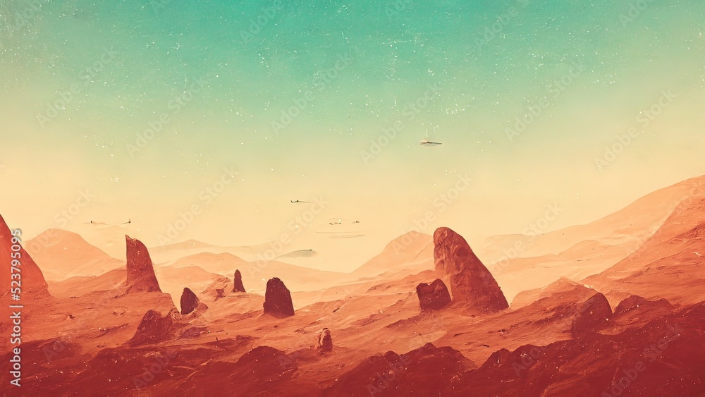 Flat minimal sci-fi landscape. 4K wallpaper of mars, with the sun and